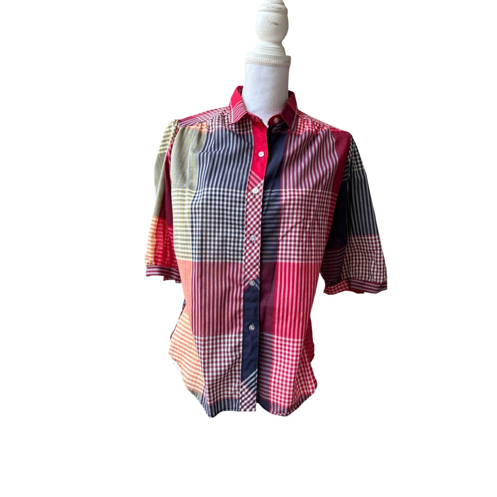 Cheryl Tiegs Vintage 80s Patchwork Plaid Button Down Shirt Red Multi Women's Med